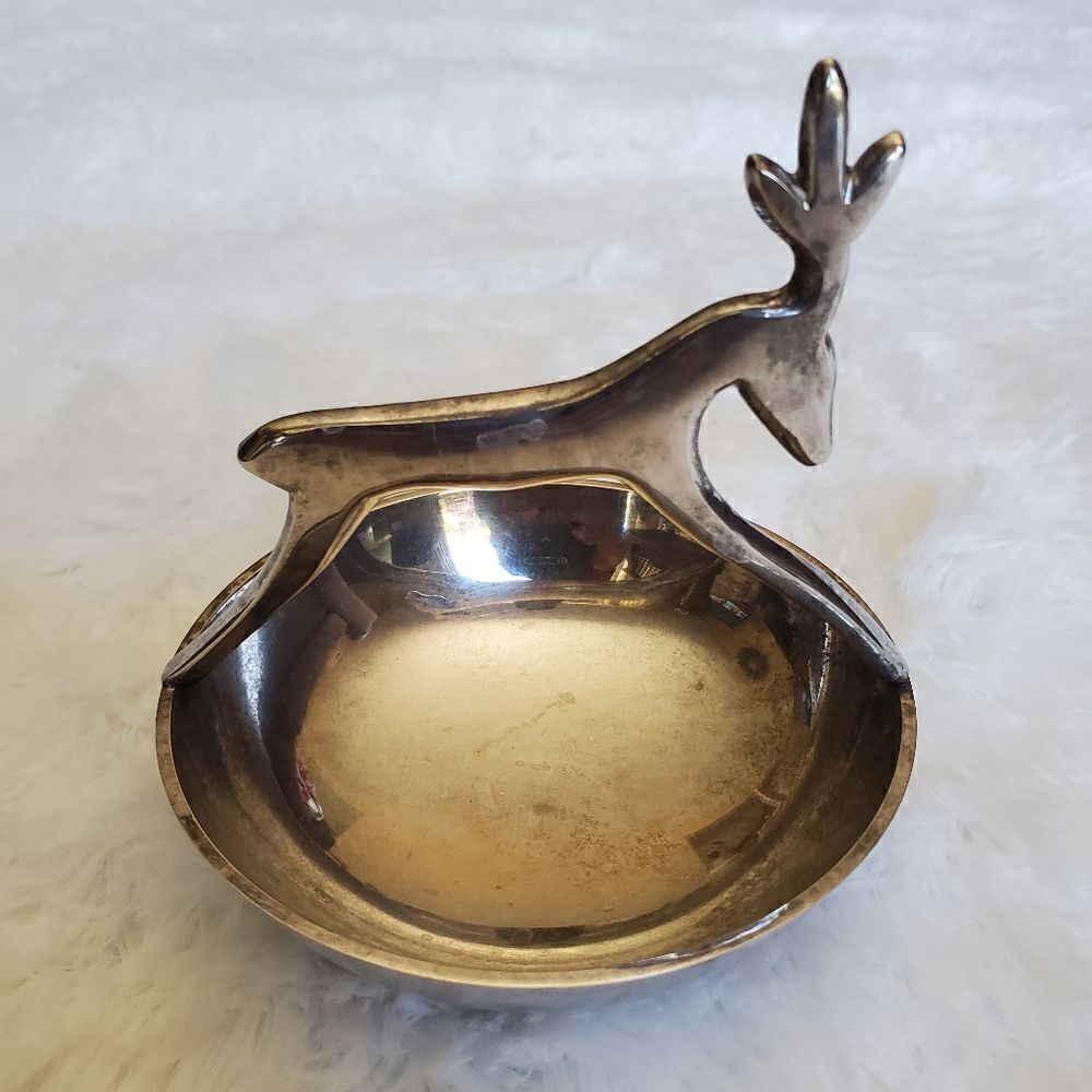 ‎MCM Deer Handled Brass Trinket Candy Footed Dish Christmas Reindeer